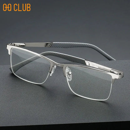 O-Q CLUB Men's Half-frame Business Reading Glasses Anti-blue Light Anti-fatigue Metal Frame