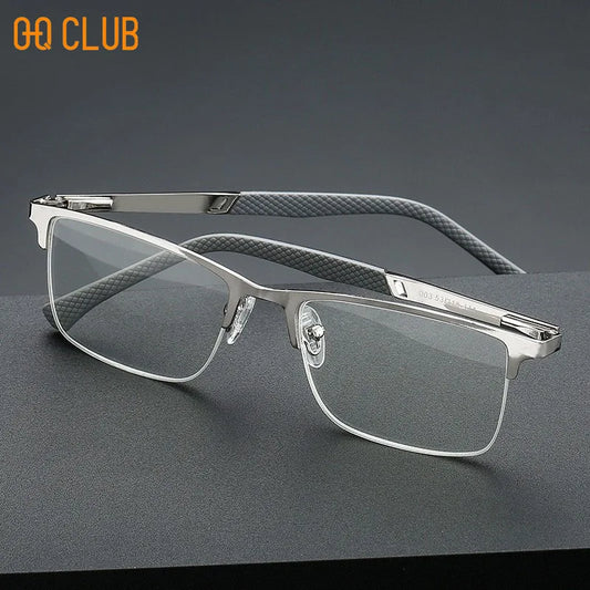 O-Q CLUB Men's Half-frame Business Reading Glasses Anti-blue Light Anti-fatigue Metal Frame