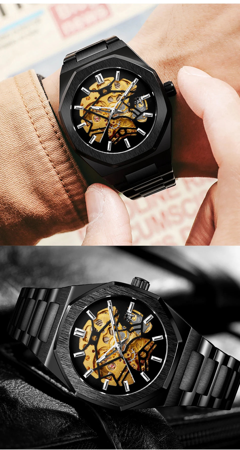 Forsining 344D  Luxury  Hollow Automatic Mechanical Watch Men Luminous Foreign Trade Cross-border Tide Waterproof Watches
