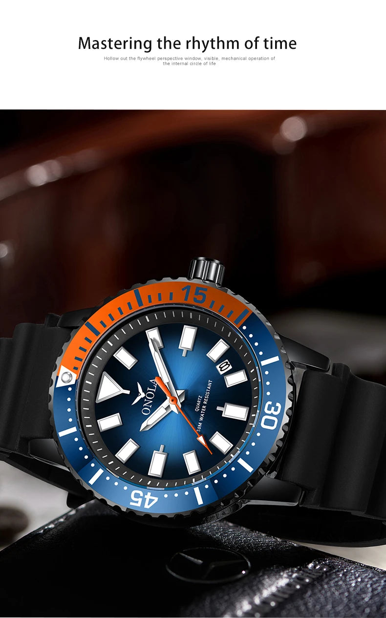 ONOLA 3850 Luxury Men's Watch Silicone Strap Timing Waterproof Sports Quartz watch