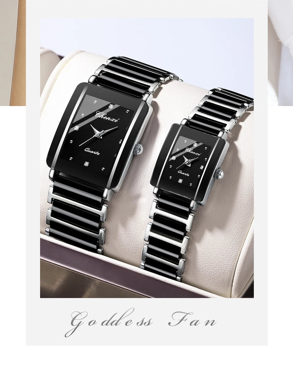 CHENXI 104A Couple Watches Waterproof Luxury Ceramics Square Business Stainless Steel Strap for Women Men Clock