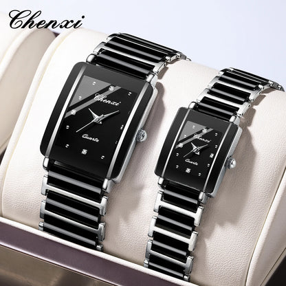 CHENXI 104A Couple Watches Waterproof Luxury Ceramics Square Business Stainless Steel Strap for Women Men Clock