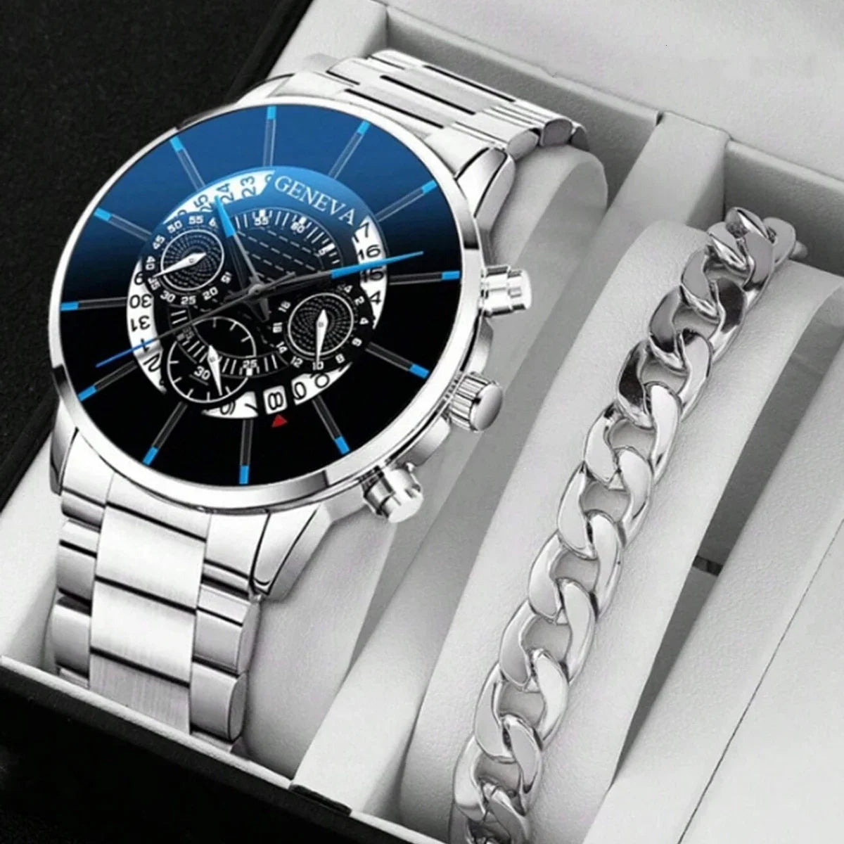 2pcs Luxury Men Business Watch Stainless Steel Men Fashion Sports Casual Quartz Wristwatch Clock