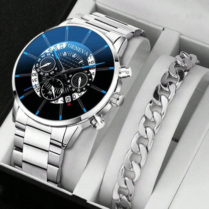 2pcs Luxury Men Business Watch Stainless Steel Men Fashion Sports Casual Quartz Wristwatch Clock