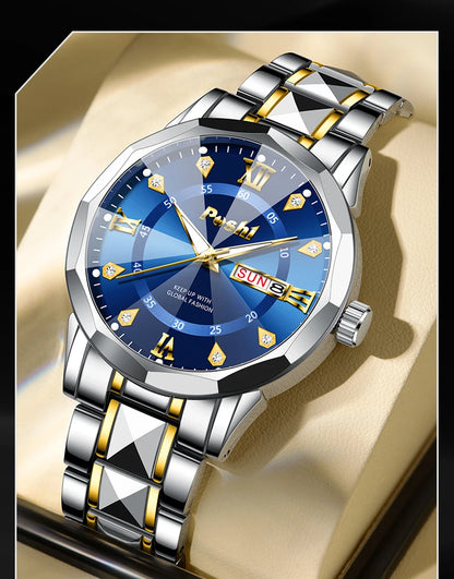 POSHI Men's Quartz Watch Original Waterproof Luminous Dual Calendar Quartz Wristwatch