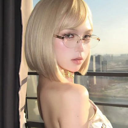 Korean Golden Silk Edge Half Frame Glasses Retro Oval Frame Eyeglasses Reading Computer Sweet Cool Anti Blue Light Eyeglasses