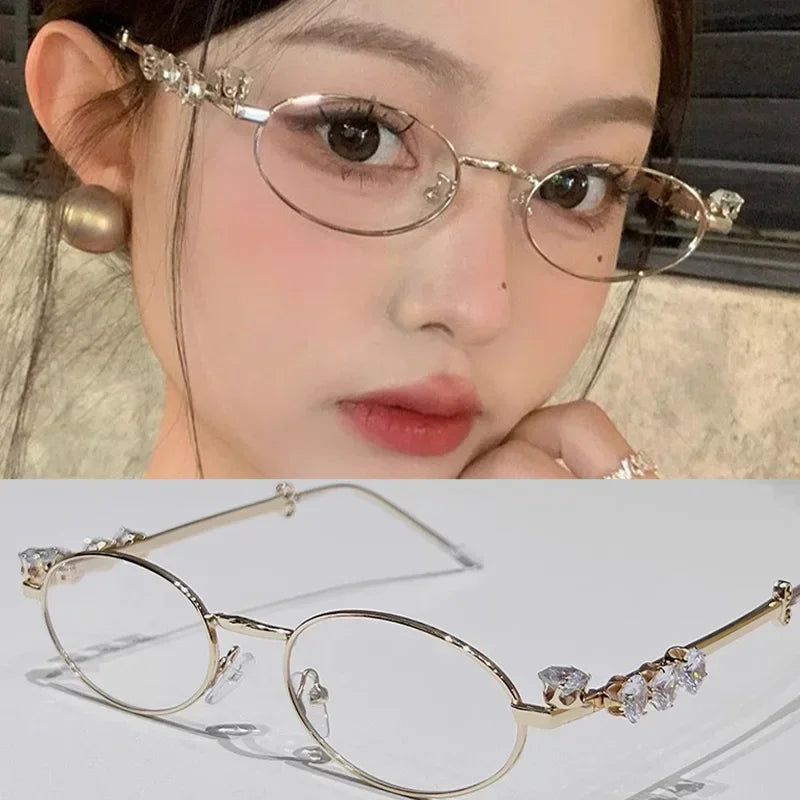 Vintage Y2K Rhinestone Studded Metal Oval Small Frame Elliptical Flat Eyeglasses Anti Blue Light Glasses Women Fashion Eyewear