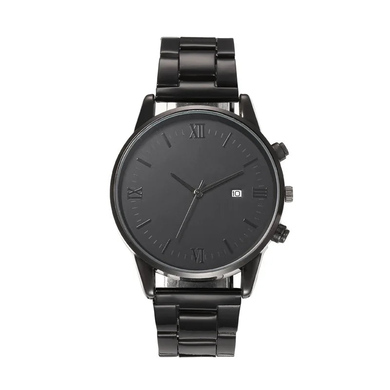 4PCS Fashion Men Business Watches Black Steel Band Male's Calendar Quartz Watch Relogio Masculino Jewelry Set（Without Box）