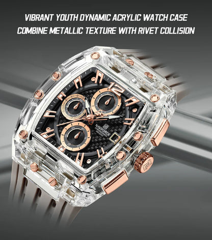 Naviforce 7105 Casual New Chronograph Mul-tifunction Watches Sports Silicone Man Transparent Case Wristwatch