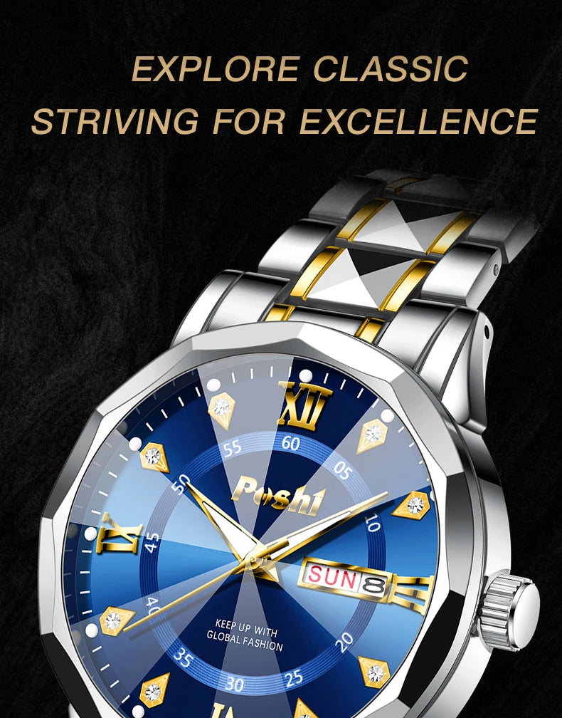 POSHI Men's Quartz Watch Original Waterproof Luminous Dual Calendar Quartz Wristwatch
