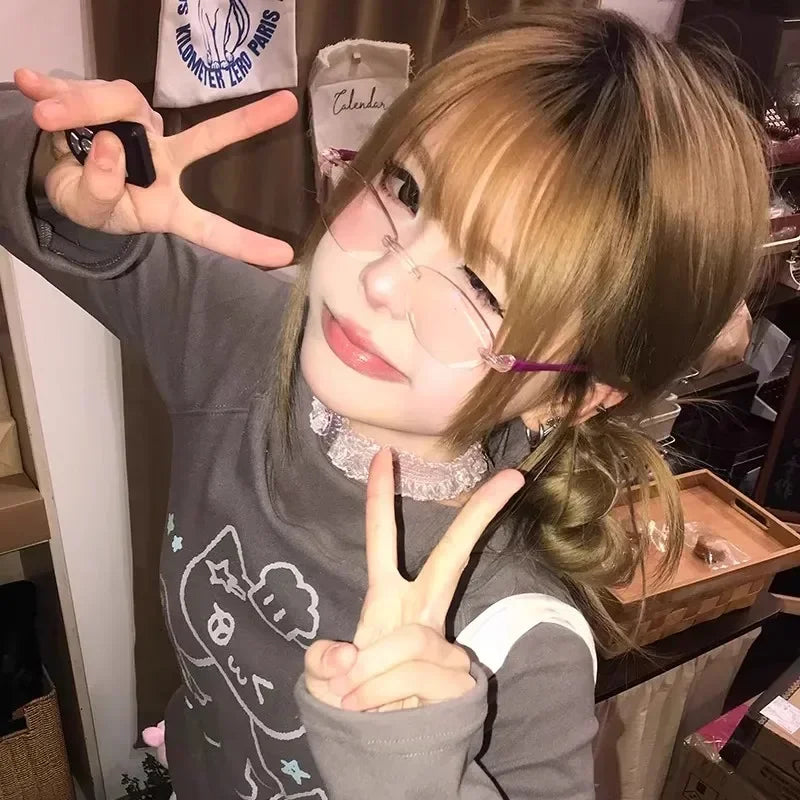 Retro Narrow-frame Glasses Women Anti-Blue Light Rimless Y2K Square Harajuku Eyewear Decorative Computer Eyeglasses Accessories