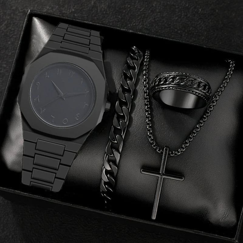 1/4PCS Creative Middle East Arabic Numerals Quartz Watch Business Wristwatch Cross Necklace Bracelet Ring Set (Without Box)