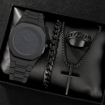 1/4PCS Creative Middle East Arabic Numerals Quartz Watch Business Wristwatch Cross Necklace Bracelet Ring Set (Without Box)