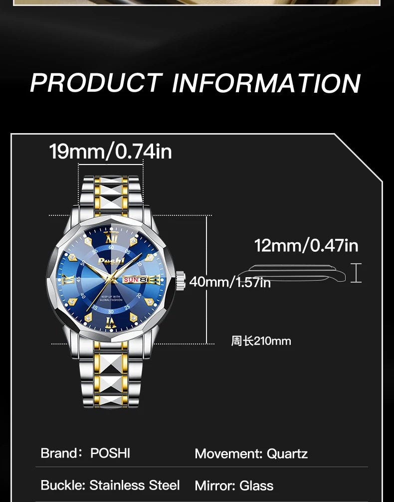 POSHI Men's Quartz Watch Original Waterproof Luminous Dual Calendar Quartz Wristwatch
