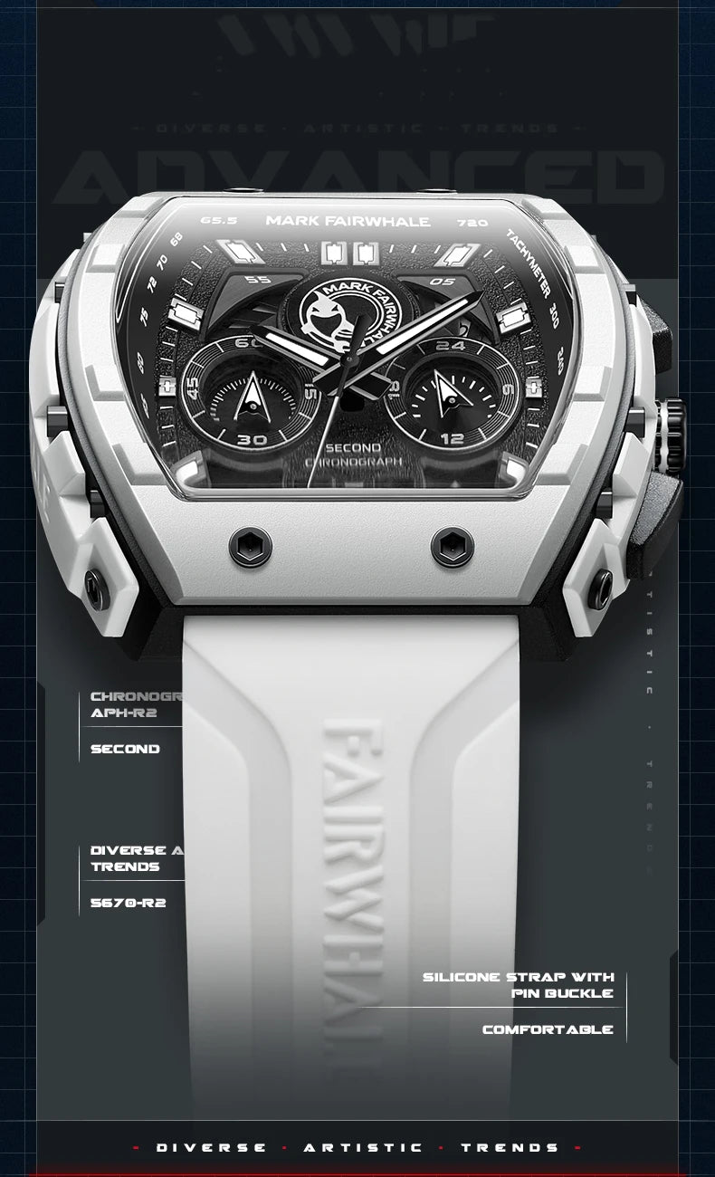 Mark Fairwhale 5670 Men's Top Design Quartz Tonneau Multifunction Chronograph Waterproof Silicone  Sports Quartz Watch for Men