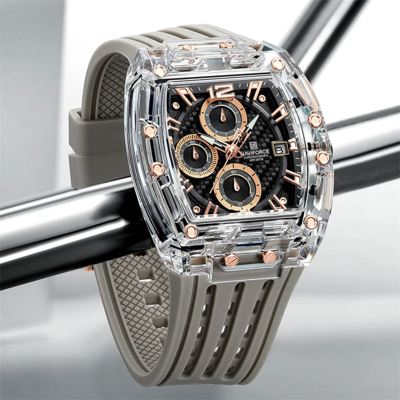 Naviforce 7105 Casual New Chronograph Mul-tifunction Watches Sports Silicone Man Transparent Case Wristwatch