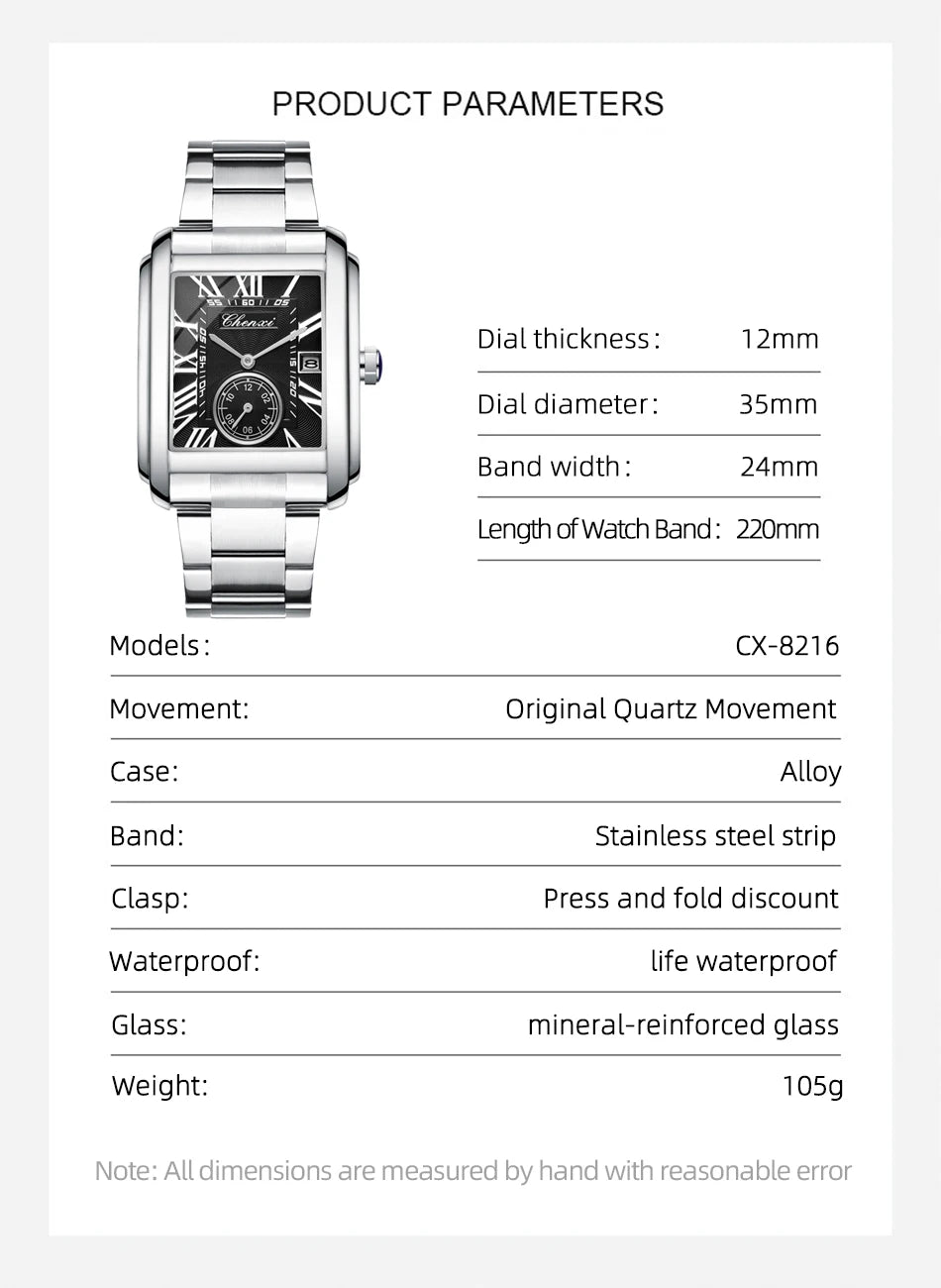 CHENXI 8216 Top Luxury Brand Square Silver Color Men Quartz Watches