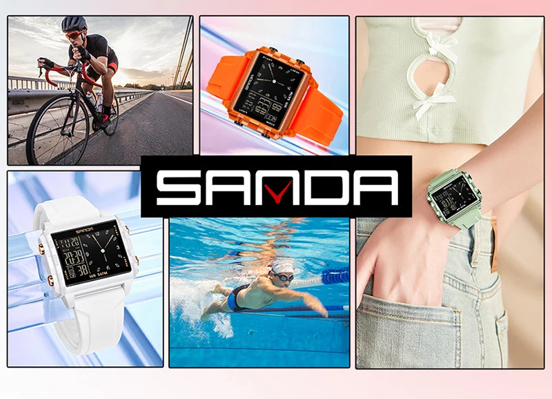 SANDA 6273 Wristwatch Square Dual Time Man Electron Analog Watch for Men Women Waterproof Count Down Timer Digital World Time