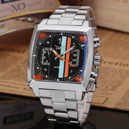 JARAGAR 569 Men's Mechanical Watch Fashion Design Square Dial Date Week Waterproof Steel Strap Leisure Wristwatch