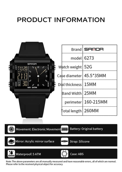SANDA 6273 Wristwatch Square Dual Time Man Electron Analog Watch for Men Women Waterproof Count Down Timer Digital World Time