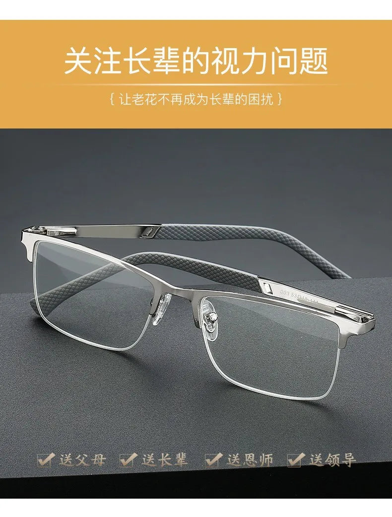O-Q CLUB Men's Half-frame Business Reading Glasses Anti-blue Light Anti-fatigue Metal Frame