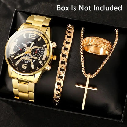 4pcs Luxury Men Business Quartz Watch Gold Alloy Roman with Calendar Wrist Watch Cross Necklace Bracelet Ring Set Men's Gift