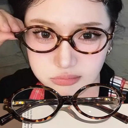 Y2K Retro Leopard Small Oval Frame Glasses Women Spice Girl Cool Eyewear New Black Reading Computer Anti Blue Light Eyeglasses