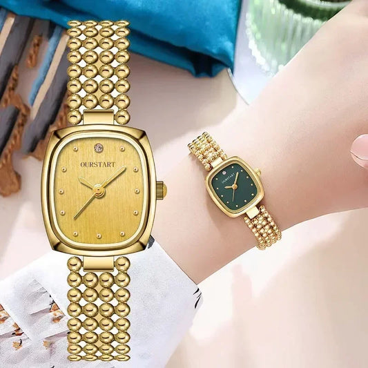Fashion Retro Square Gold Watch High Quality Women Bracelet Watches Luxury Bead Link Strap Wristwatches Ladies Clock Gifts