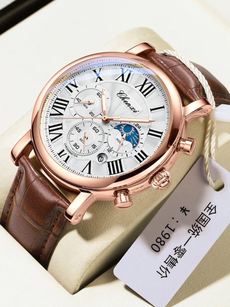 CHENXI 973 Multi-function Business Moon Phase Date Waterproof Rome Analog Imported Men Wristwatch