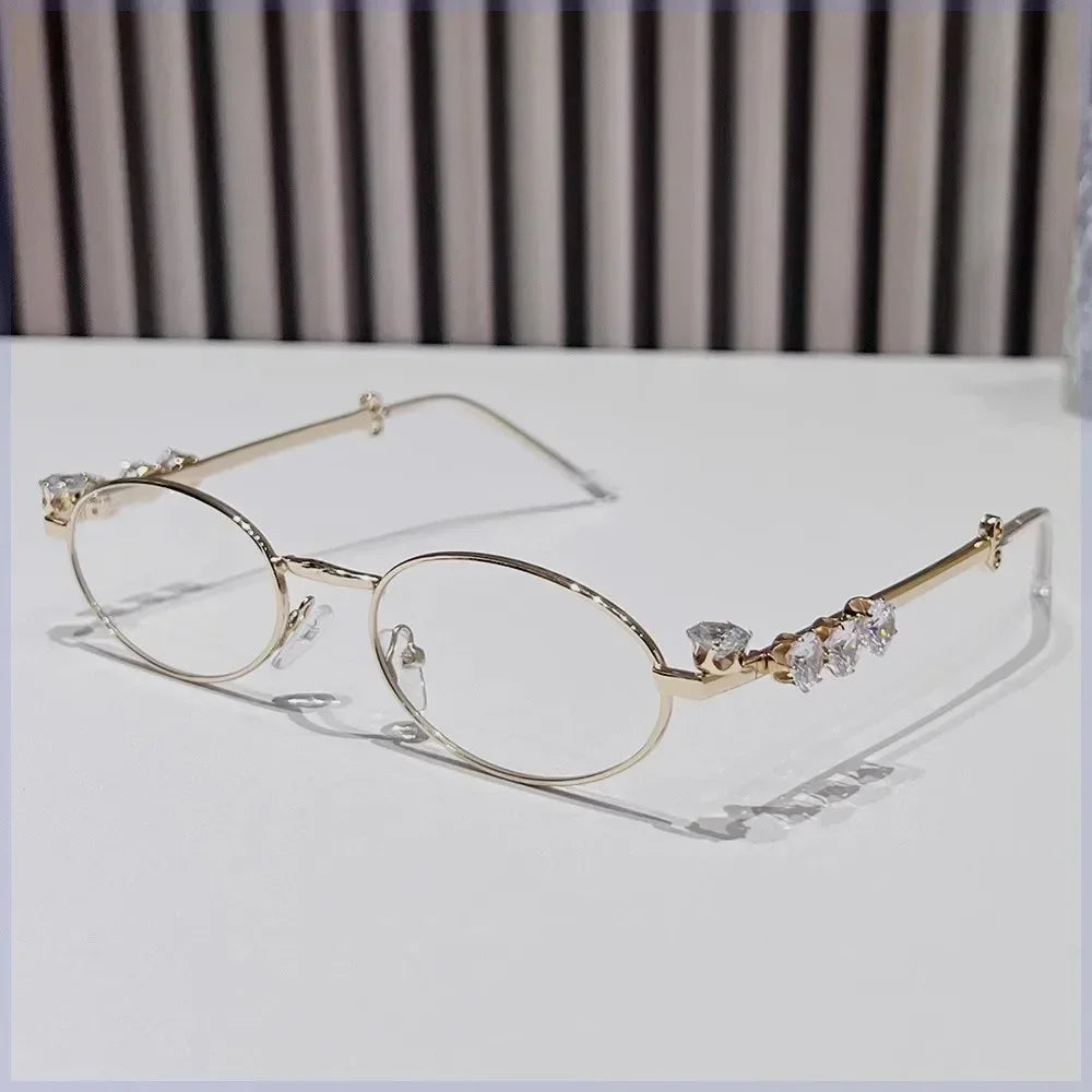 Vintage Y2K Rhinestone Studded Metal Oval Small Frame Elliptical Flat Eyeglasses Anti Blue Light Glasses Women Fashion Eyewear