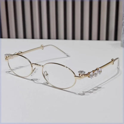 Vintage Y2K Rhinestone Studded Metal Oval Small Frame Elliptical Flat Eyeglasses Anti Blue Light Glasses Women Fashion Eyewear