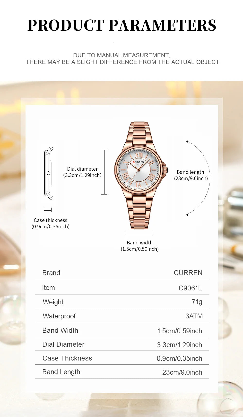 CURREN 9091 Luxury Original Woman Round Watch Stainless Steel 3ATM Waterproof  Wristwatch