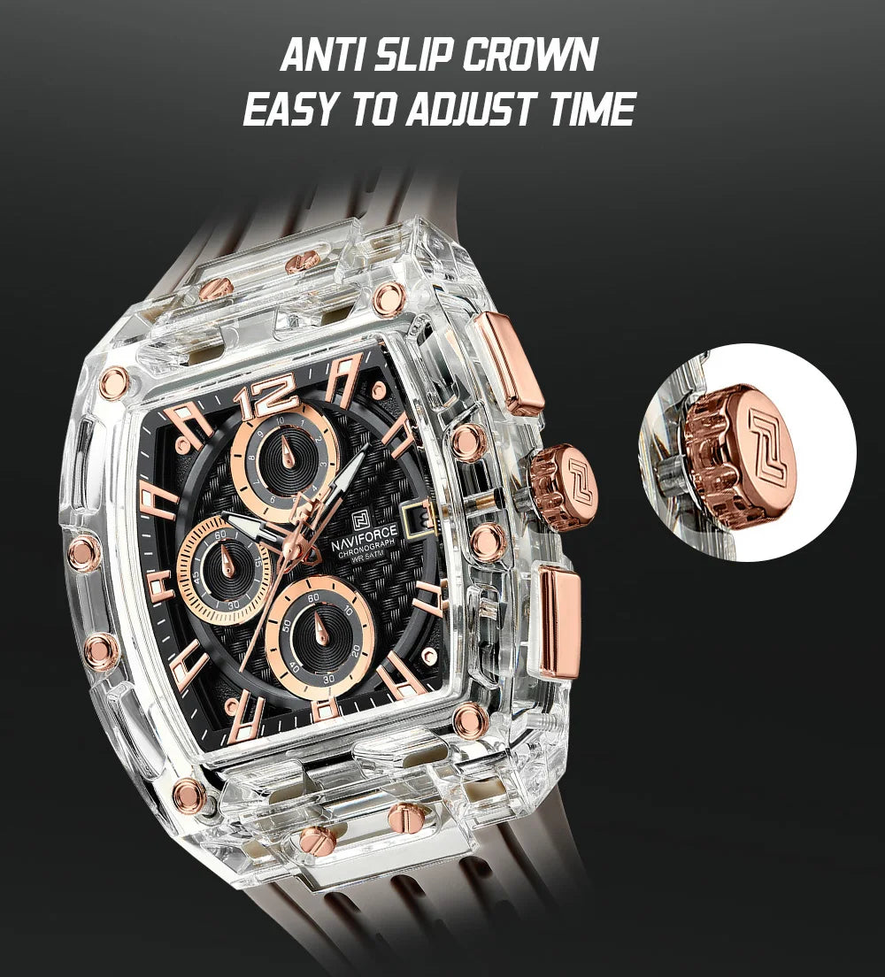 Naviforce 7105 Casual New Chronograph Mul-tifunction Watches Sports Silicone Man Transparent Case Wristwatch