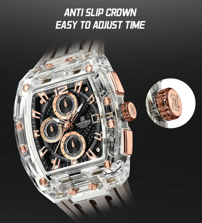 Naviforce 7105 Casual New Chronograph Mul-tifunction Watches Sports Silicone Man Transparent Case Wristwatch