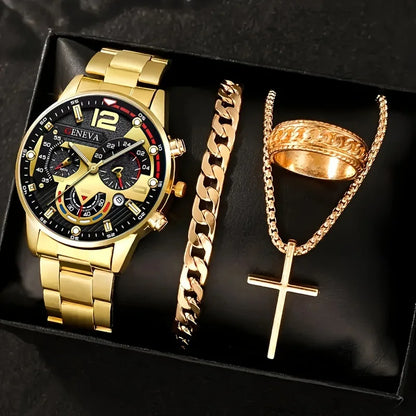 4pcs Luxury Men Business Quartz Watch Gold Alloy Roman with Calendar Wrist Watch Cross Necklace Bracelet Ring Set Men's Gift