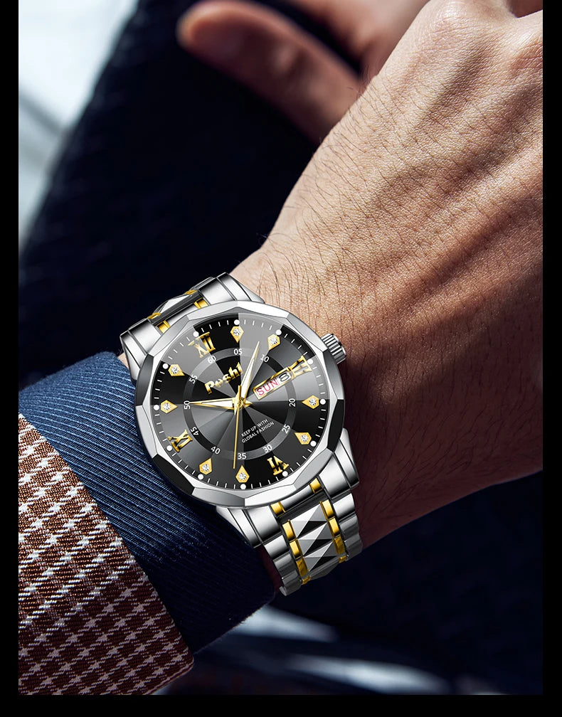 POSHI Men's Quartz Watch Original Waterproof Luminous Dual Calendar Quartz Wristwatch